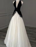 Niulatu A-Line Tulle Velvet Long Evening Dress Black/White V-neck Wedding Guest Dress HZ1031