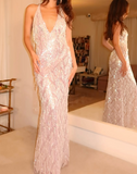 Niulatu Sheath V-neck Formal Evening Dress Sparkly Beaded Tassel Backless Prom Dress HZ1031