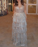 Niulatu A-line V-neck Formal Evening Dress Sparkly Tulle Sequin Birthday Dress HZ1031