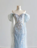 Niulatu Blue Mermaid Wedding Dress Tulle Off-the-Shoulder Beaded Sequin Evening Dress HZ1031