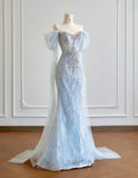 Niulatu Blue Mermaid Wedding Dress Tulle Off-the-Shoulder Beaded Sequin Evening Dress HZ1031