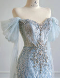 Niulatu Blue Mermaid Wedding Dress Tulle Off-the-Shoulder Beaded Sequin Evening Dress HZ1031