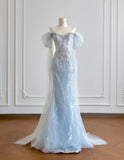 Niulatu Blue Mermaid Wedding Dress Tulle Off-the-Shoulder Beaded Sequin Evening Dress HZ1031