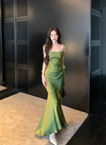 Niulatu Mermaid Satin Square Neck Green Formal Party Dress Sweet Birthday Dress HZ1031