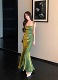 Niulatu Mermaid Satin Square Neck Green Formal Party Dress Sweet Birthday Dress HZ1031