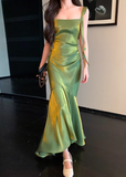 Niulatu Mermaid Satin Square Neck Green Formal Party Dress Sweet Birthday Dress HZ1031