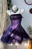 Niulatu A-Line Spaghetti Strap Tulle Short Prom Dress Purple Satin Homecoming Dresses HZ1031