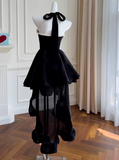 Niulatu Hepburn Style A-Line Halter Velvet Short Prom Dress, Black Homecoming Dresses HZ1031