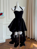 Niulatu Hepburn Style A-Line Halter Velvet Short Prom Dress, Black Homecoming Dresses HZ1031
