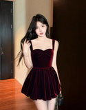 Niulatu Hepburn A-Line Spaghetti Strap Velvet Short Prom Dress, Burgundy Homecoming Dresses HZ1031