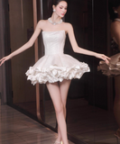Niulatu Ball Gown Strapless Satin Short Prom Dress, White Homecoming Dresses HZ1031