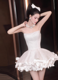 Niulatu Ball Gown Strapless Satin Short Prom Dress, White Homecoming Dresses HZ1031