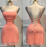 Niulatu Spaghetti Strap Sheath Tulle Beaded Homecoming Dresses, Coral Short Backless Prom Dress HZ1031