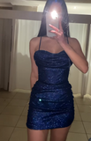 Niulatu Spaghetti Strap Sheath Tulle Homecoming Dresses, Navy Blue Short Prom Dress HZ1031