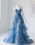 Niulatu Spaghetti Strap A-Line Tulle Applique Long Prom Dresses Blue Formal Dresses HZ1026