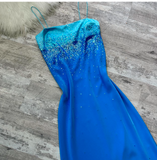 Niulatu Spaghetti Strap Sheath Chiffon Sequin Long Prom Dresses Blue Wedding Guest Dresses HZ1026