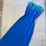 Niulatu Spaghetti Strap Sheath Chiffon Sequin Long Prom Dresses Blue Wedding Guest Dresses HZ1026