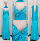 Niulatu Spaghetti Straps Sheath Beaded Chiffon Long Prom Dresses, Blue Formal Evening Dresses HZ1026