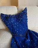 Niulatu Strapless Sheath Tulle Beaded Long Prom Dresses, Royal Blue Formal Evening Dresses HZ1026