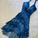 Niulatu V-neck A-Line Chiffon Homecoming Dresses, Short Blue Fairy Prom Dresses HZ1031