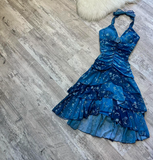 Niulatu V-neck A-Line Chiffon Homecoming Dresses, Short Blue Fairy Prom Dresses HZ1031