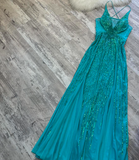 Niulatu Turquoise Empire Dress Sparkly Chiffon Sequins V-Neck Long Prom Dresses HZ1031