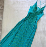Niulatu Turquoise Empire Dress Sparkly Chiffon Sequins V-Neck Long Prom Dresses HZ1031