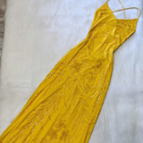 Niulatu Gorgeous Sheath Chiffon Beaded Long Prom Dresses, V-neck Yellow Backless Formal Evening Dress HZ1031