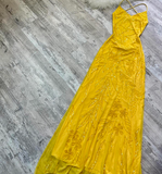 Niulatu Gorgeous Sheath Chiffon Beaded Long Prom Dresses, V-neck Yellow Backless Formal Evening Dress HZ1031
