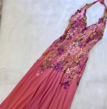 Niulatu Hot Pink Sheath Chiffon Long Prom Dresses, Halter Neck Backless Evening Dress HZ1031