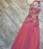 Niulatu Hot Pink Sheath Chiffon Long Prom Dresses, Halter Neck Backless Evening Dress HZ1031