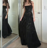 Niulatu Sheath Spaghetti Strap Long Prom Dress Applique Black Formal Evening Dress HZ1031