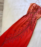 Niulatu Sheath Spaghetti Strap Prom Dress Satin Beaded Dress Elegant Gradient Red Formal Evening Dress HZ1031