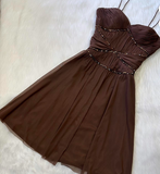 Niulatu Chocolate A-Line Short Birthday Party Dress Spaghetti Strap Homecoming Dress HZ1026