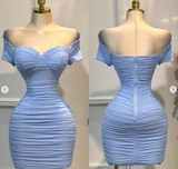 Niulatu Blue Bodycon Short Birthday Party Dress Off-the-Shoulder Short Sleeve Homecoming Dress HZ1026