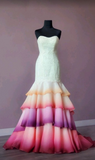 Niulatu Strapless Mermaid Tiered Tulle Long Prom Dress Appliques Formal Evening Dress HZ1026