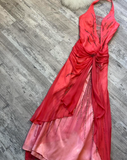 Niulatu Halter Sheath Chiffon Satin Beaded Long Prom Dress Backless Red Formal Evening Dress HZ1026