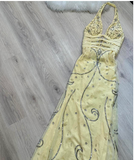 Niulatu Halter Sheath Chiffon Beaded Long Prom Dress Backless Yellow Formal Evening Dress HZ1026