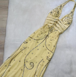 Niulatu Halter Sheath Chiffon Beaded Long Prom Dress Backless Yellow Formal Evening Dress HZ1026