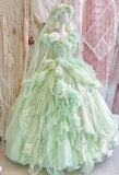 Niulatu V-neck Ball Gown Tulle Applique Long Prom Dresses Green Sweet 16 Dress HZ1026