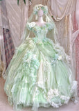 Niulatu V-neck Ball Gown Tulle Applique Long Prom Dresses Green Sweet 16 Dress HZ1026