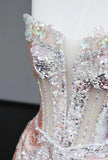 Niulatu Strapless Sheath Sequined Long Prom Dresses Pink Sweet 16 Dress HZ1026