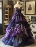 Niulatu Sweetheart Ball Gown Tulle Beaded Applique Long Prom Dresses Gradient Purple Sweet 16 Dress HZ1026