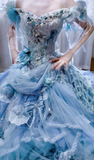 Niulatu Ball Gown Off-the-shoulder Tulle Beaded Long Prom Dresses Blue Birthday Dresses HZ1026