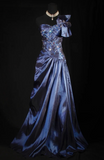 Niulatu One-shoulder Sheath Satin Beaded Long Prom Dresses, Navy Blue Formal Evening Gowns HZ1026