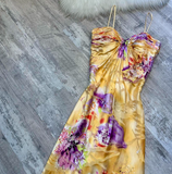 Niulatu Spaghetti Strap Sheath Long Prom Dresses, Floral Silk Guest Dresses, Yellow Formal Evening Dresses HZ1026