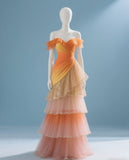 Niulatu Off-the-shoulder Ball Gown Tulle Long Prom Dresses, Orange Quinceanera Dresses HZ1026