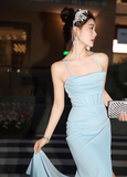 Niulatu Spaghetti Strap Sheath Long Prom Dresses with Slits, Satin Wedding Guest Dress, Pale Blue Formal Evening Dresses HZ1026