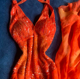 Niulatu V-neck Sheath Beaded Long Prom Dresses, Orange Formal Evening Dresses HZ1026