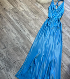 Niulatu V-neck Sheath Satin Long Prom Dresses, Backelsss Blue Formal Evening Dresses HZ1026